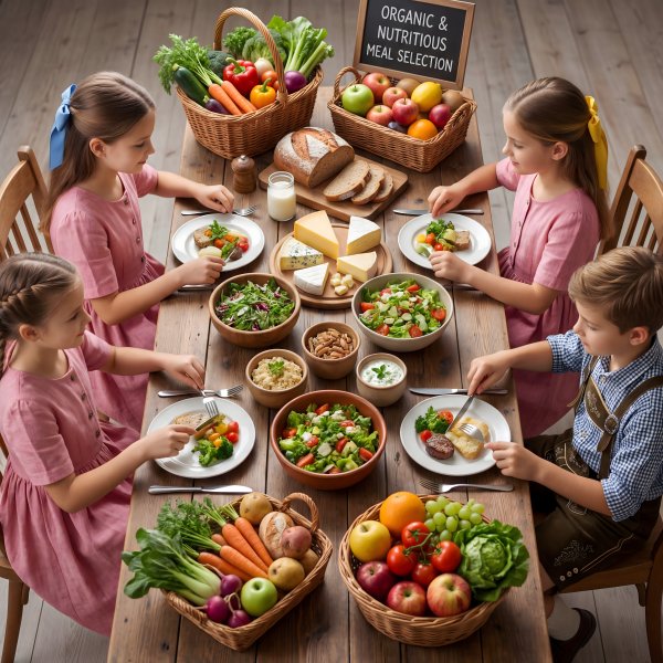 Kids enjoying healthy meal with fresh fruits and vegetables at table - stock photo