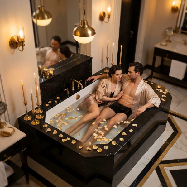 Couple enjoys bath time with candles and flowers in modern bathroom - stock photo