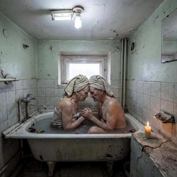 Elderly couple sharing moments in a bathtub during evening time - stock photo