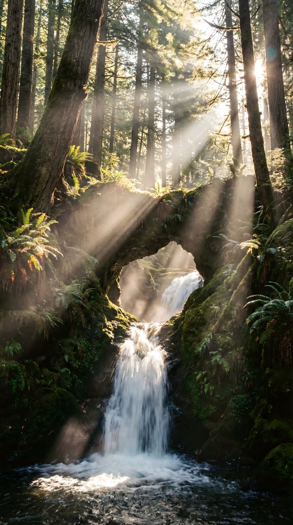 Water flows through rock arch in forest with sun rays shining - stock photo