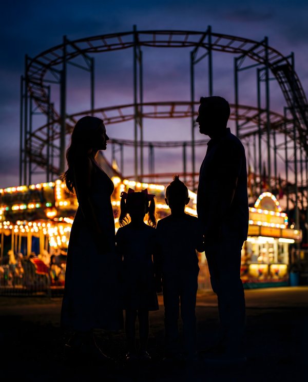 Family enjoys evening at amusement park with bright lights - stock photo
