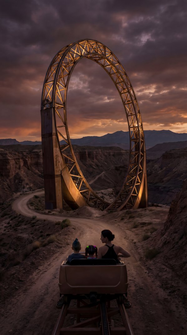 Riders experience a thrilling moment on a roller coaster in the desert - stock photo
