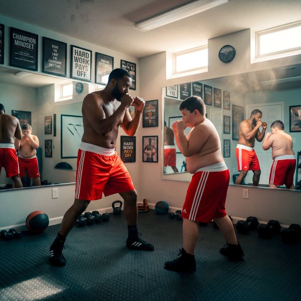 Training session between a coach and a student in a gym - stock photo