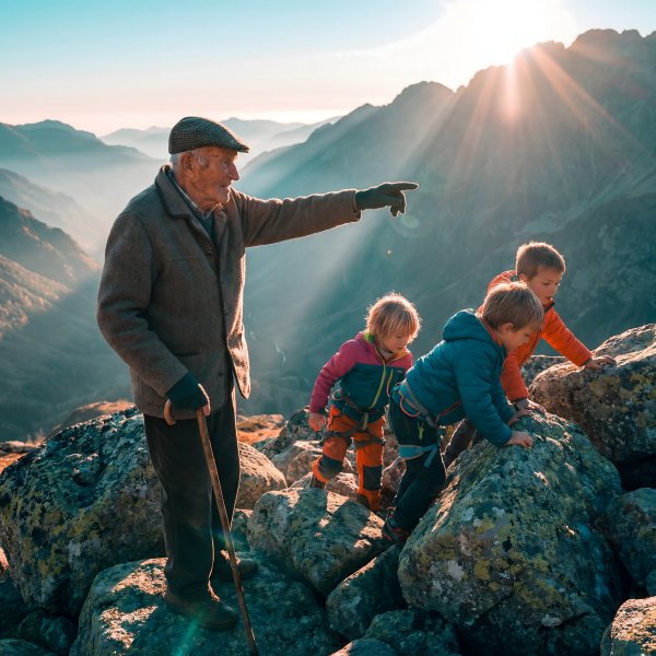 Elder guides children on rocky terrain during sunset in the mountains - stock photo