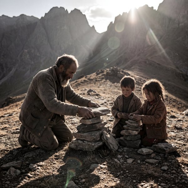 Elder man and children build stone tower in mountain area - stock photo