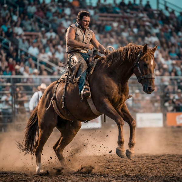 Rider on horse at rodeo event in a large crowd arena - stock photo