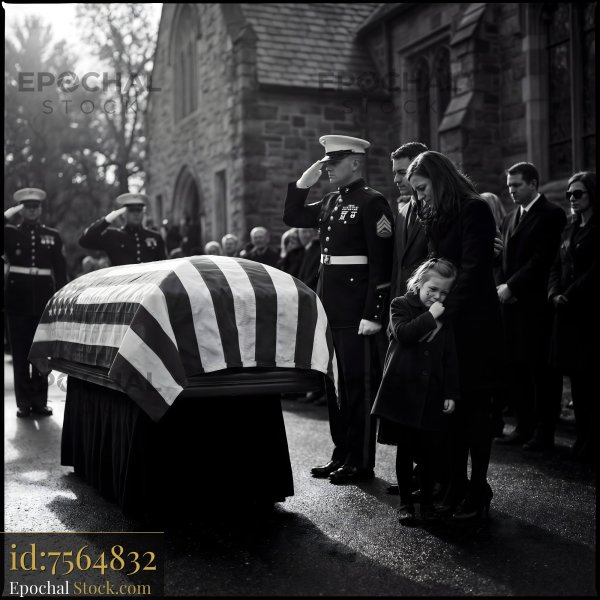 Funeral service held outdoors for a veteran near a church - stock photo