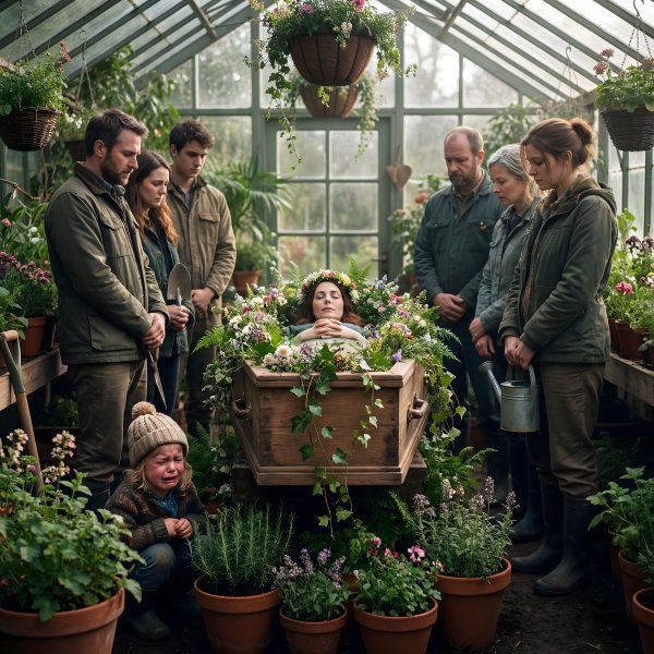Friends and family gather for a burial in a greenhouse setting - stock photo