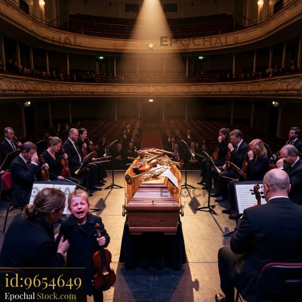 Musicians perform near a casket in a concert hall at night - stock photo