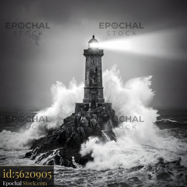 Light from lighthouse during storm at sea with big waves - stock photo