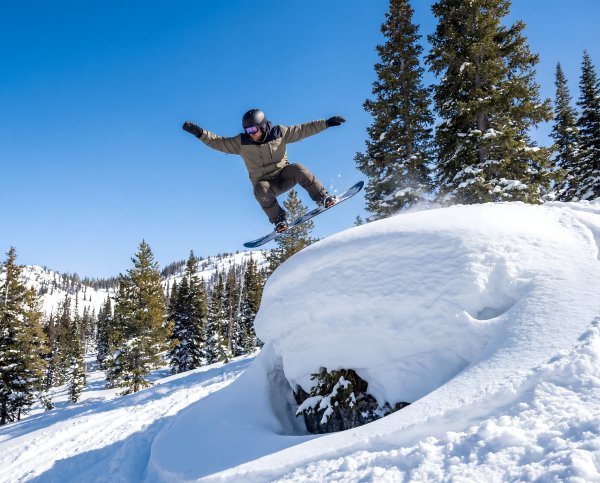 Snowboarder jumps over snow mound in winter landscape - stock photo