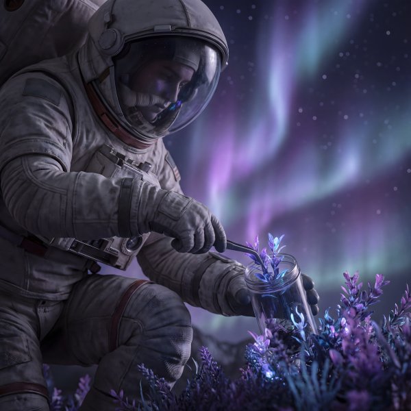 Astronaut collects plants under the northern lights in space - stock photo