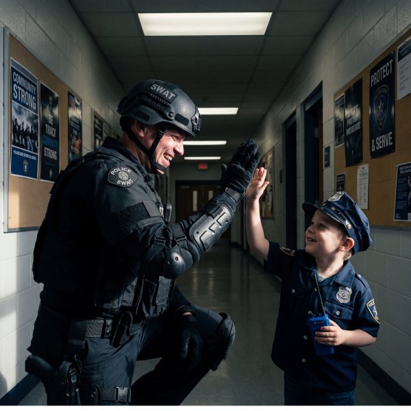 Man in police gear gives high five to young boy in uniform Premium Stock Image - stock photo