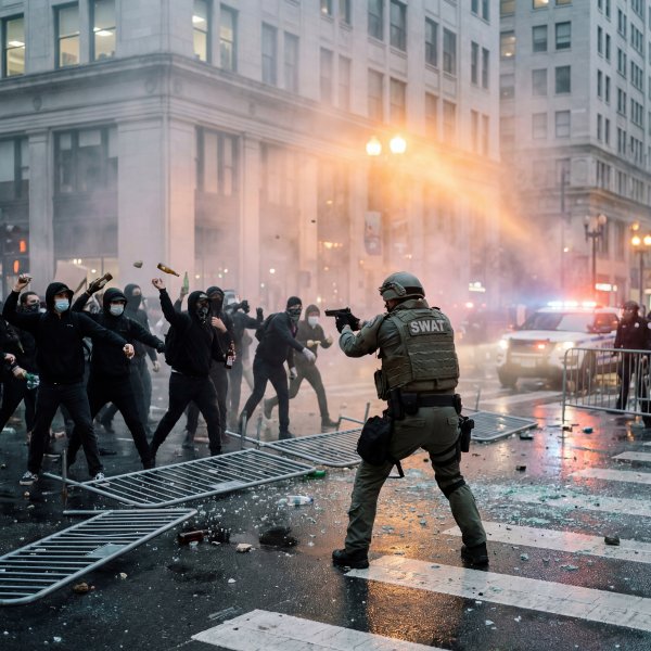 Police and protesters clash in a city street during a late night event - stock photo