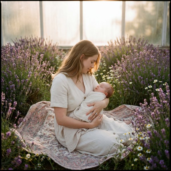 Mother holds baby in lavender field during golden hour - stock photo
