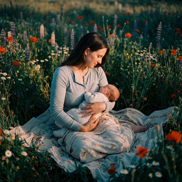 Mother and baby sitting in a flower field during daylight - stock photo