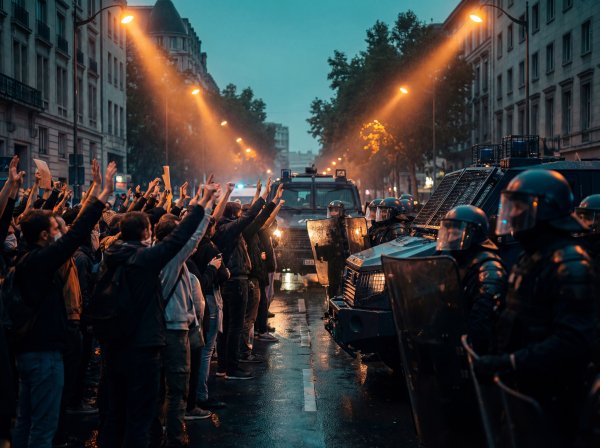 Protesters gather in the rain while police stand guard at night - stock photo