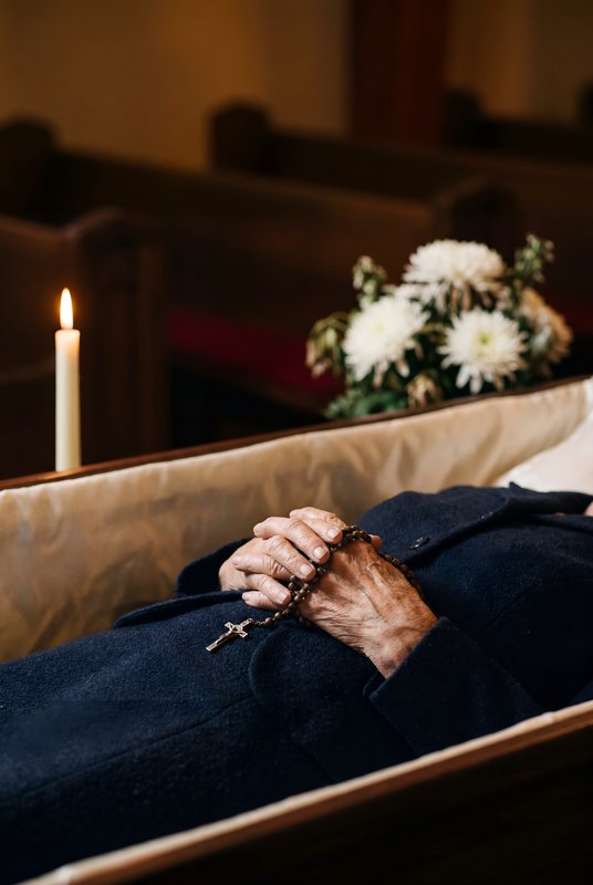 Funeral service held in a quiet church with a simple casket Premium Stock Photo - stock photo