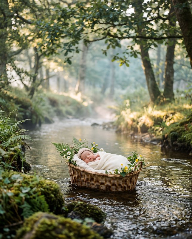Baby resting in a basket by the river in the forest Premium Stock Image - stock photo