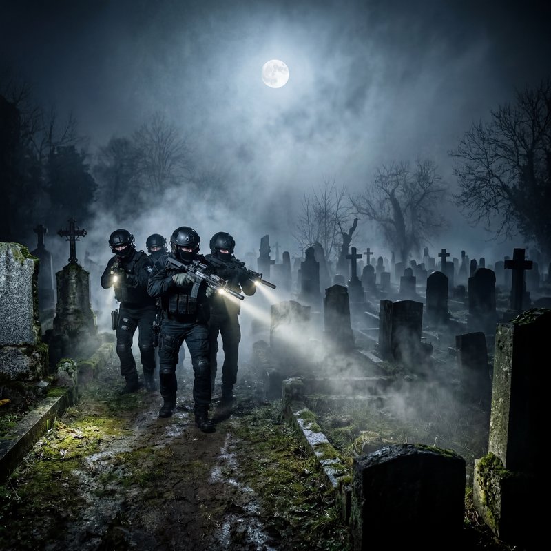 Soldiers patrol a graveyard at night under the moonlight Premium Stock Image - stock photo
