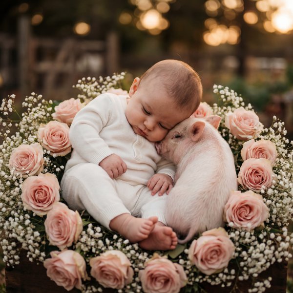 Baby and piglet rest in flower arrangement at sunset - stock photo