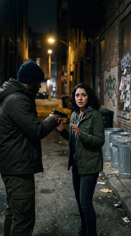 Man with a gun confronts a woman in a dark alleyway Premium Stock Image - stock photo