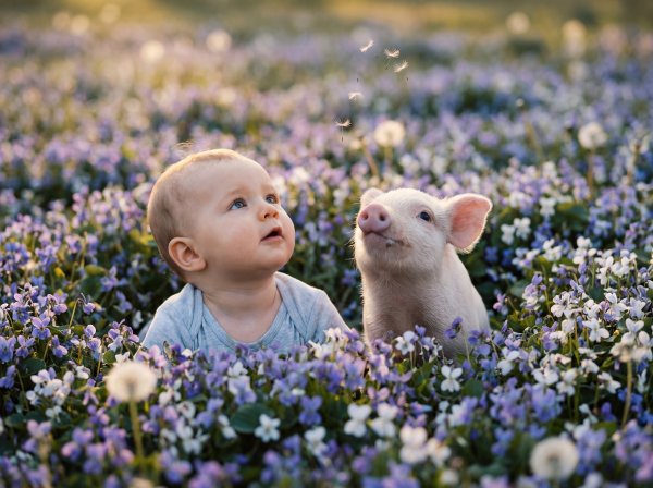 Baby and pig in a field of flowers during sunny afternoon - stock photo