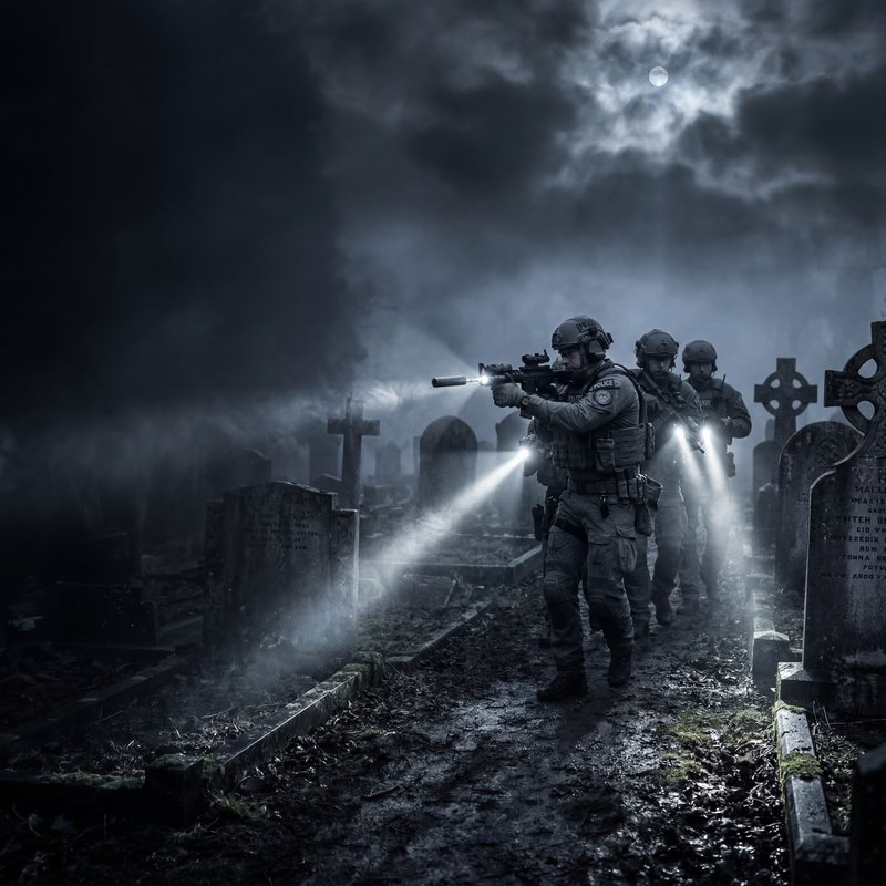 Soldiers walk through graveyard at night with flashlights Premium Stock Photo - stock photo