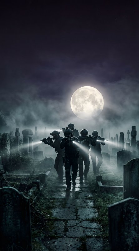 Soldiers patrol a graveyard under a full moon at night Premium Stock Image - stock photo