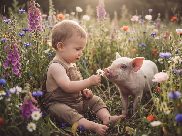 Child and piglet play in flower field during sunny afternoon - stock photo