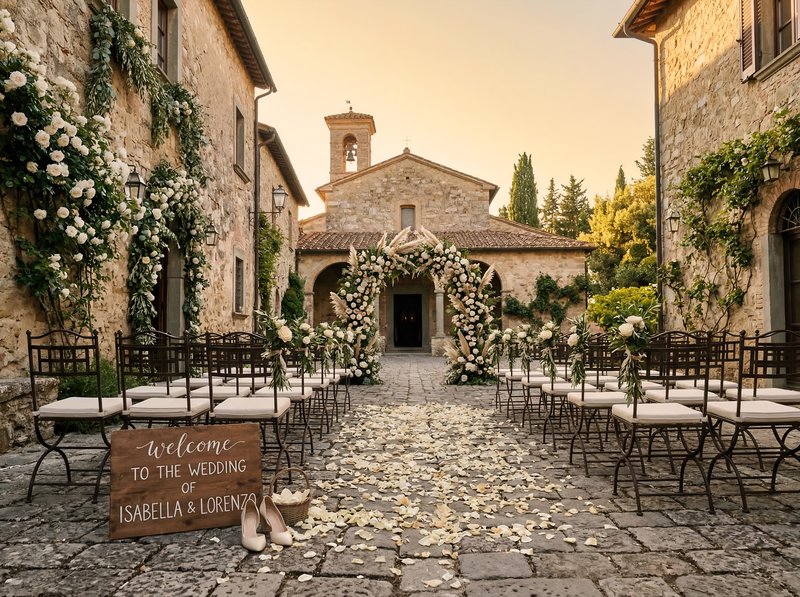 Outdoor wedding ceremony setup in a rustic location Premium Stock Photo - stock photo