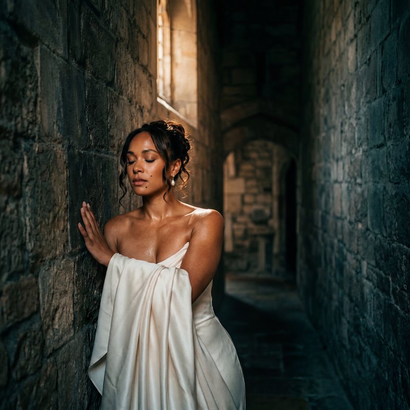 Woman in white dress stands in stone hallway at sunset Premium Stock Photo - stock photo