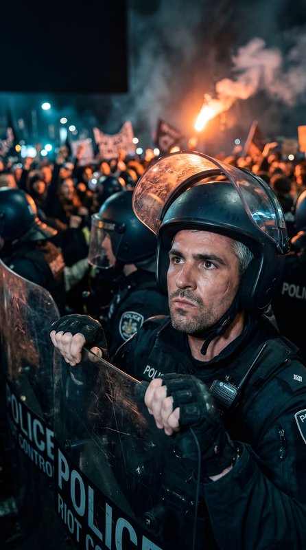 Police stand guard during a protest with raised signs at night Premium Stock Image - stock photo