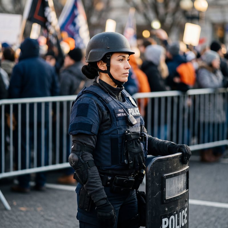 Police officer stands guard during public protest in city Premium Stock Photo - stock photo
