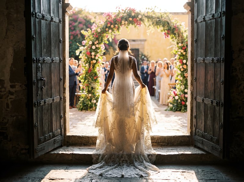 Bride stands at doorway during outdoor wedding ceremony Premium Stock Image - stock photo