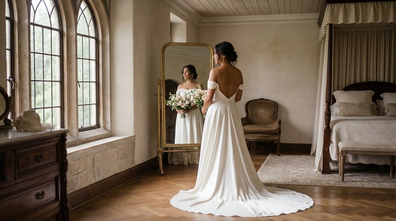 Bride looks in mirror before wedding ceremony in a home Premium Stock Image - stock photo