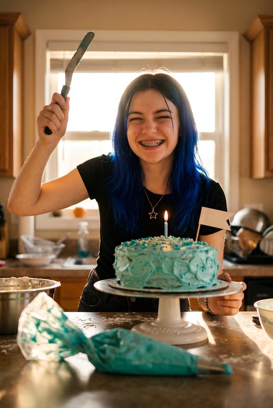 Girl celebrates by making a blue cake in sunny kitchen Premium Stock Photo - stock photo
