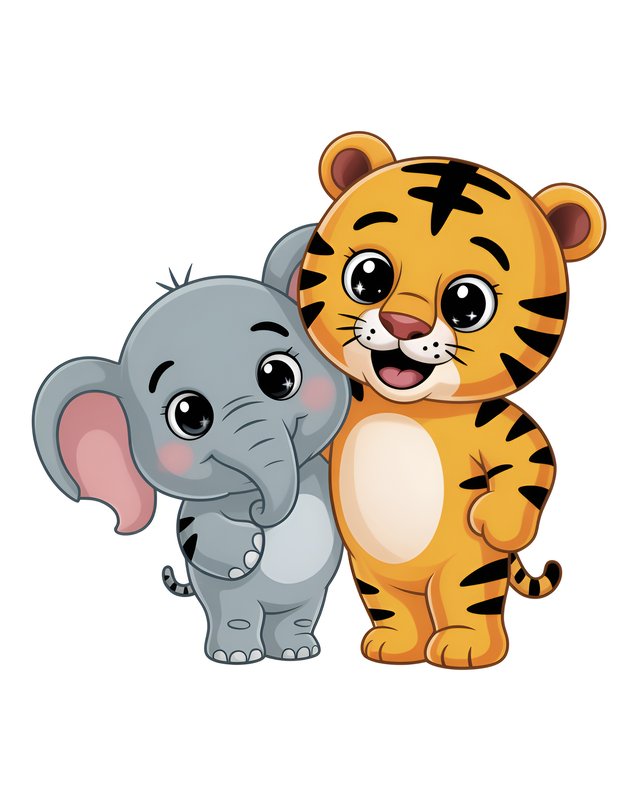 Cute elephant and tiger friends together in a playful pose Premium Stock Image - stock photo
