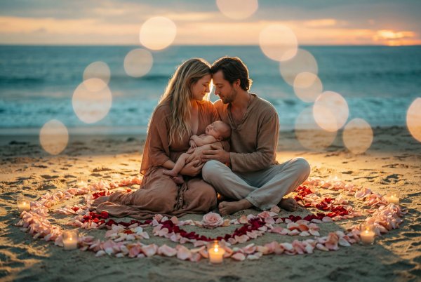 Couple with baby on beach at sunset in circle of flowers and candles - stock photo