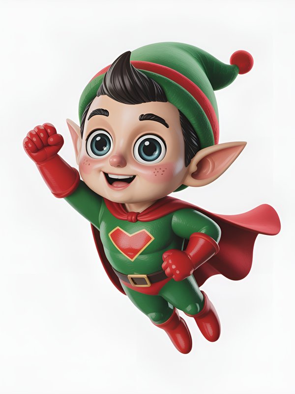 Happy elf boy flying in a green superhero costume Premium Stock Image - stock photo