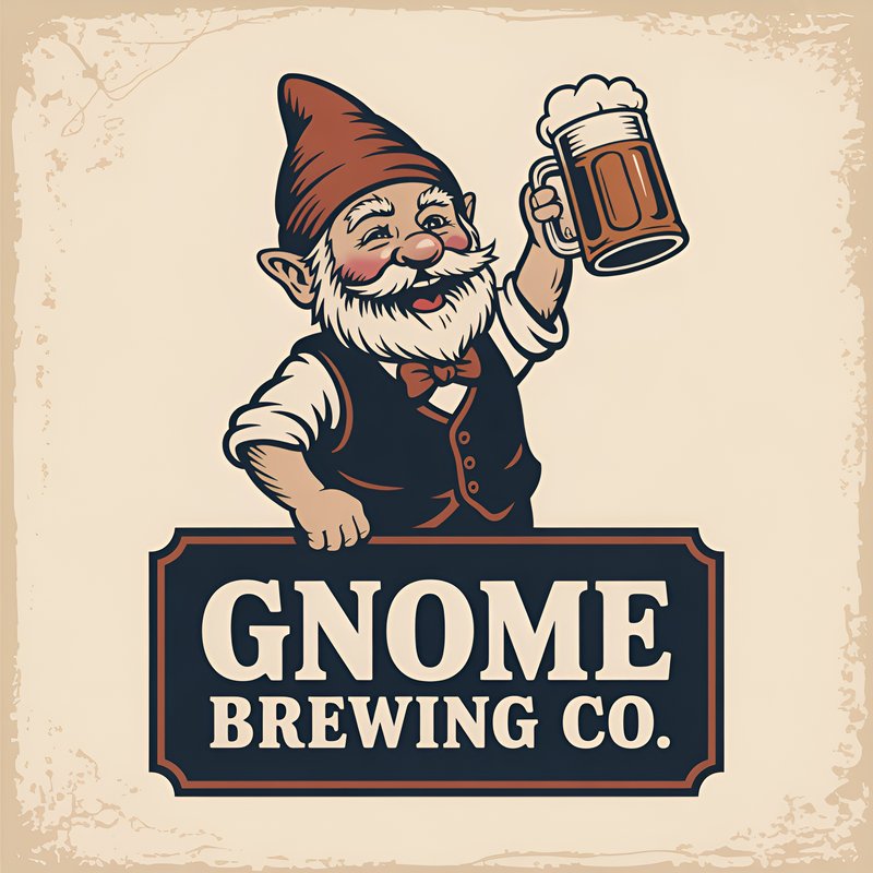 Gnome holding beer in front of Gnome Brewing Company sign Premium Stock Image - stock photo