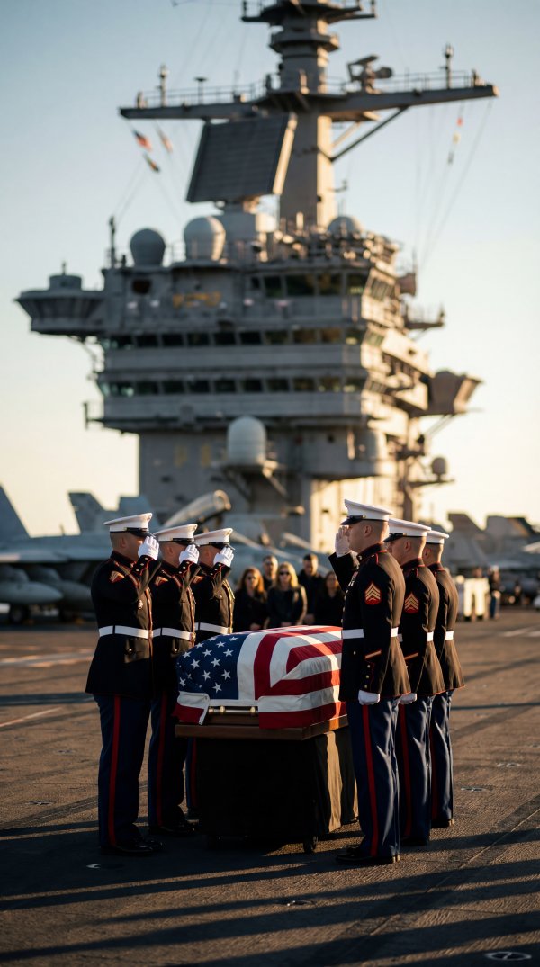 Ceremony honoring a fallen soldier on a military ship deck - stock photo