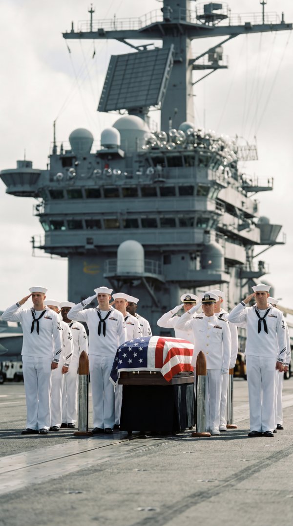Navy personnel salute during ceremony on aircraft carrier deck - stock photo