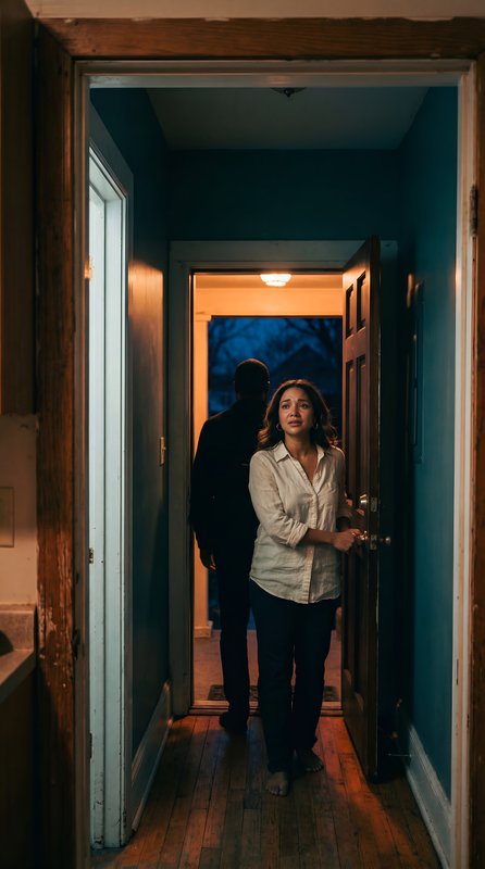 Person opens door at dusk in a simple home setting Premium Stock Image - stock photo