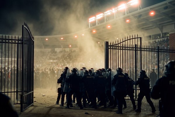 Crowd control measures during large event at nighttime - stock photo