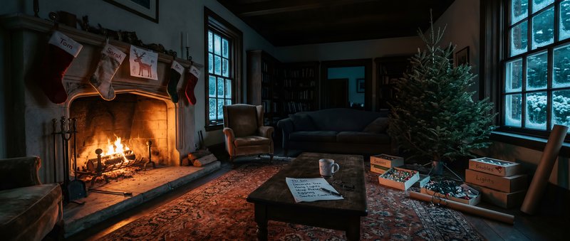 Cozy winter scene with a fireplace and a Christmas tree Premium Stock Photo - stock photo