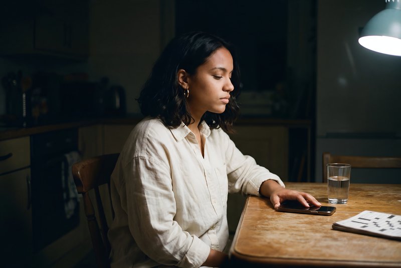 Woman sits at table looking at phone in dim light Premium Stock Image - stock photo