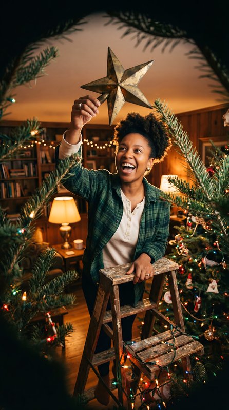 Woman places star on Christmas tree in cozy living room Premium Stock Image - stock photo