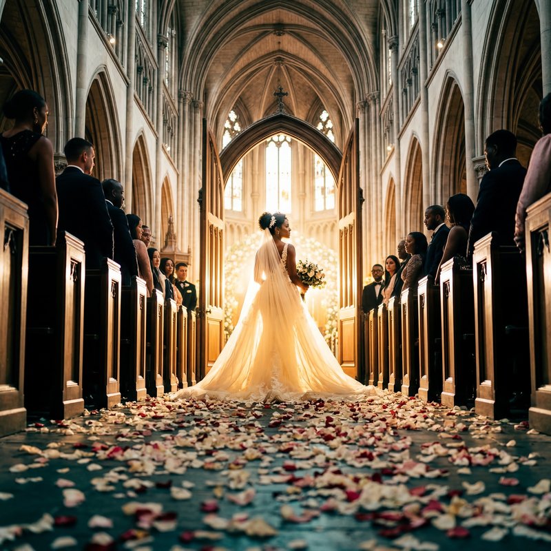 Bride walks down the aisle at a wedding ceremony in a church Premium Stock Photo - stock photo