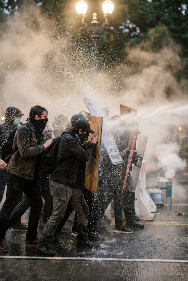 Crowd facing water spray during protest in urban area at night - stock photo